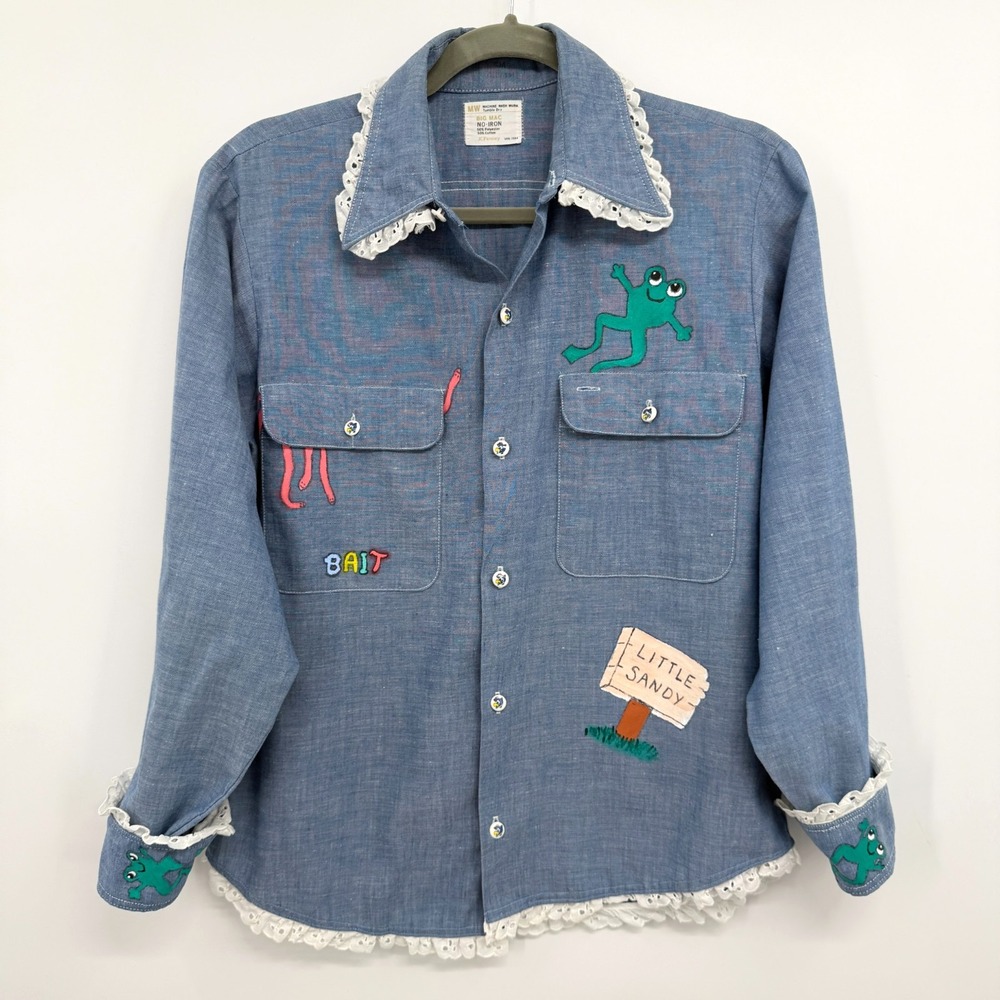 Vintage 70s Hand Painted Top Shirt S M Chambray Fishing Frog Eyelet Folk Art USA